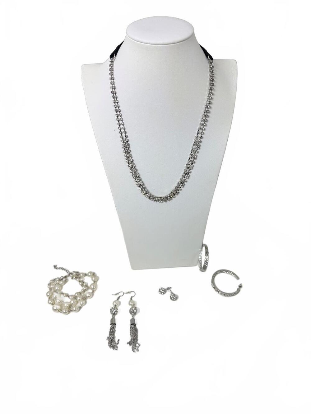 Elegant Silver and Pearl Jewelry Set with Necklace, Bracelets, and Earrings
